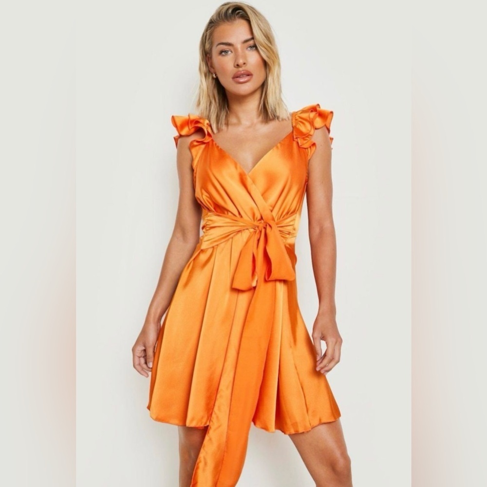 Boohoo Orange Size 6 Occasion Dress Flare Sleeves Shortsleeve skater ruffle